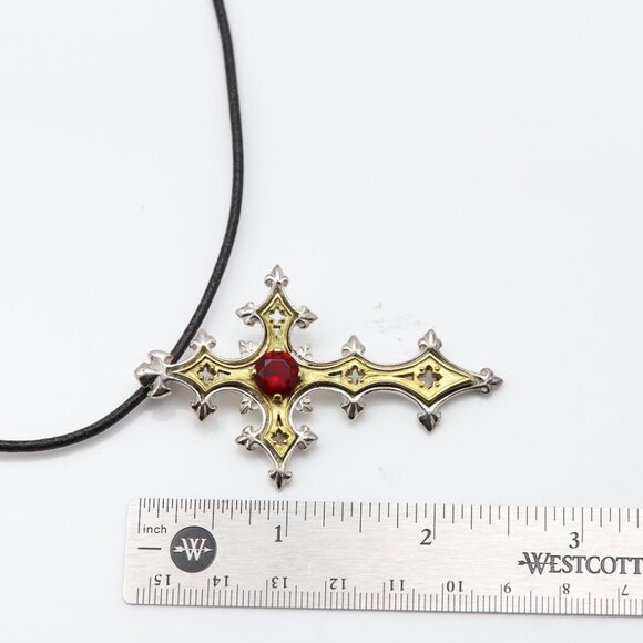 Vintage Gothic Cross Sterling Silver & Brass Artistic Red Cross Red Stone - Picture 5 of 12